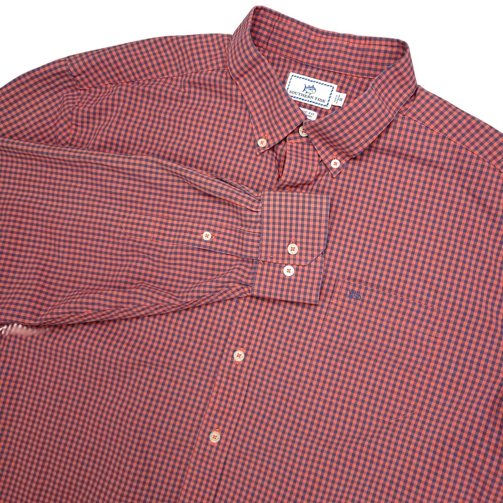 Southern Tide Shirt Mens 2XL Red‎ Blue Check Classic Fit Button Down Stretch